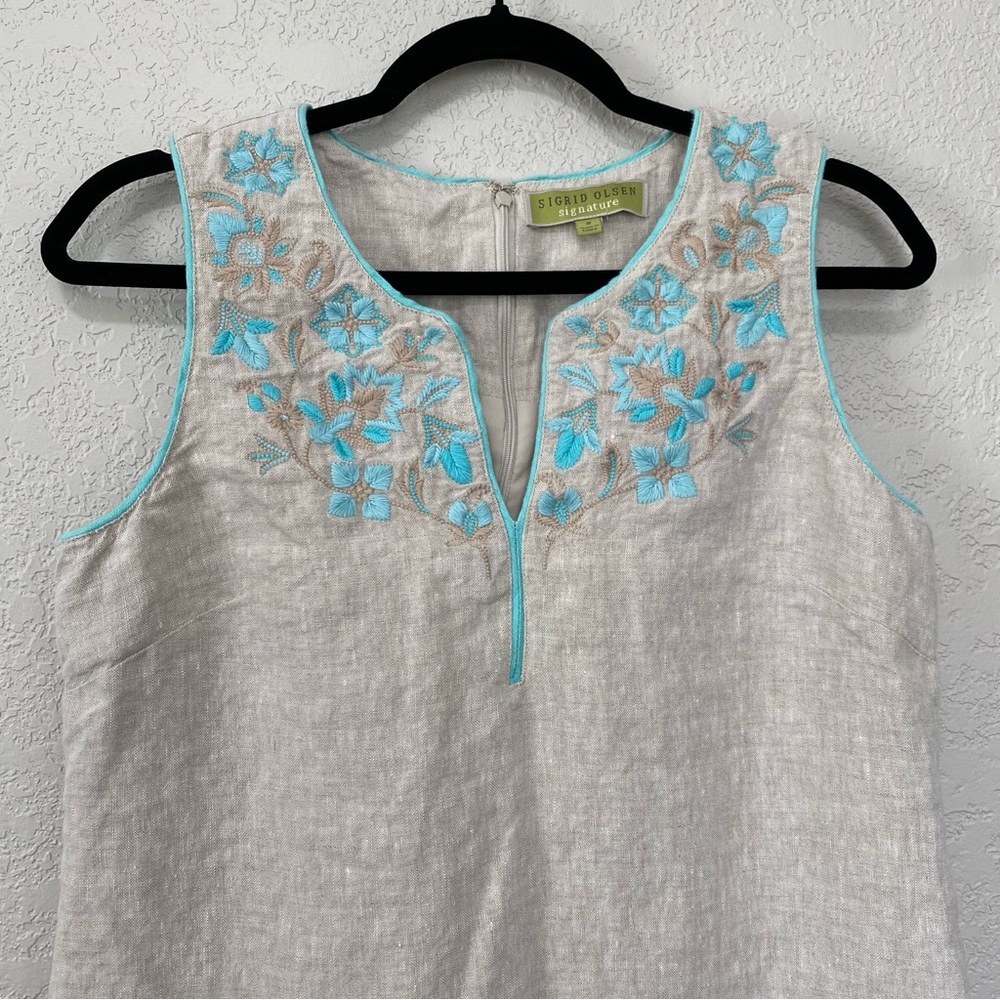 SIGRID OLSEN Signature Women's SZ 8 Linen Beige Embroidered Sheath Dress Career - Picture 2 of 7